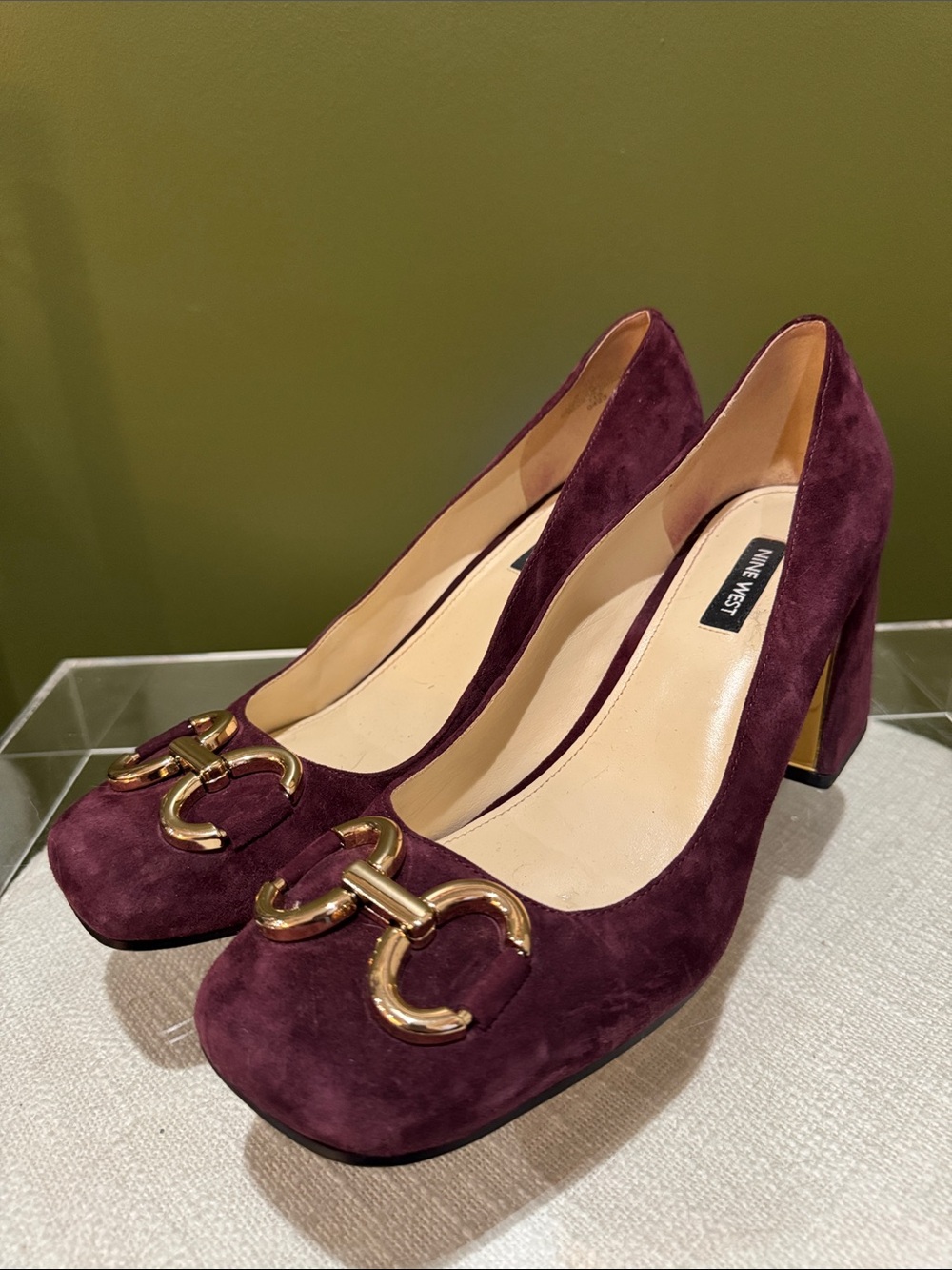 Nine West Plum Suede Block Heel Pumps with Gold Accent